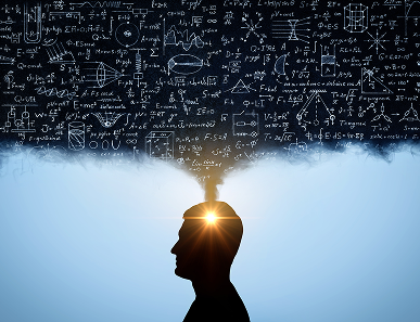 A man with his head in the air and some equations coming out of it.