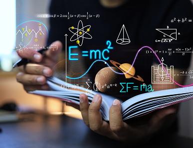 A person holding an open book with equations written on it.