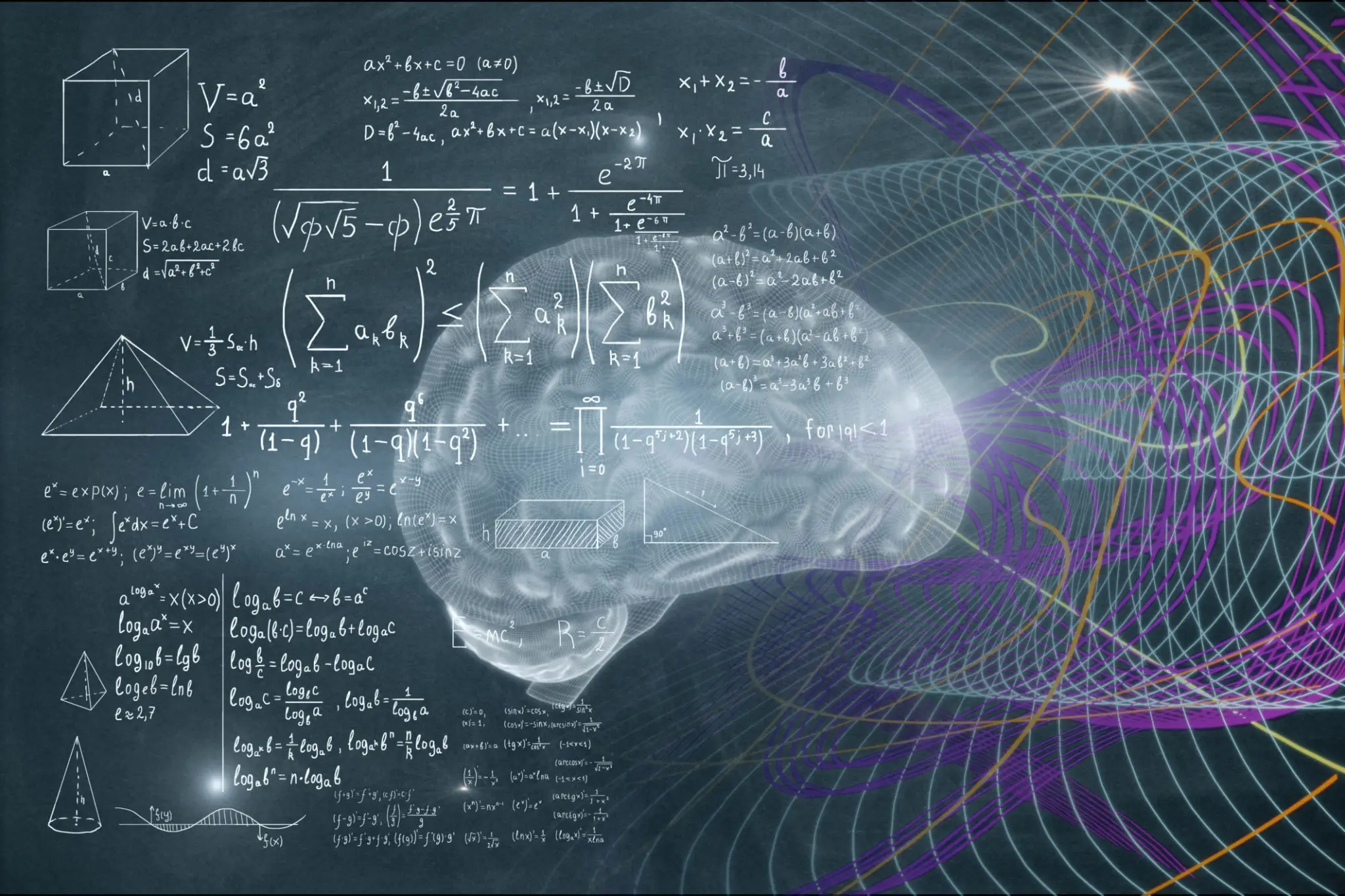 A picture of a brain with equations and formulas.